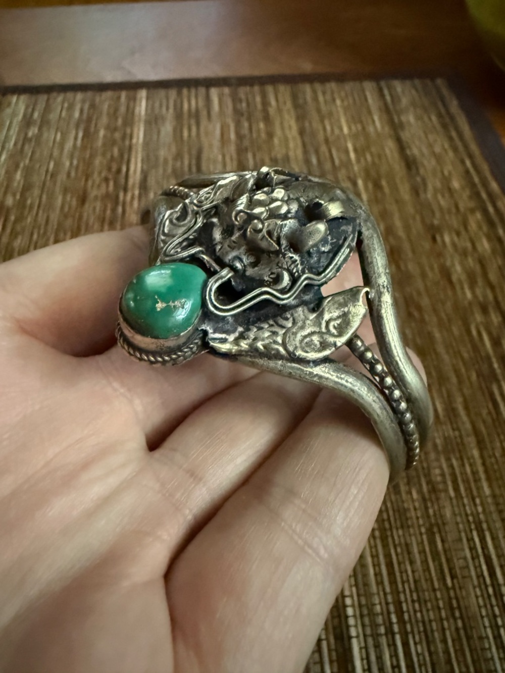 Tibetan Dragon Turquoise Cuff Bracelet Silver Metal Antique Vintage Artisan - Picture 8 of 12